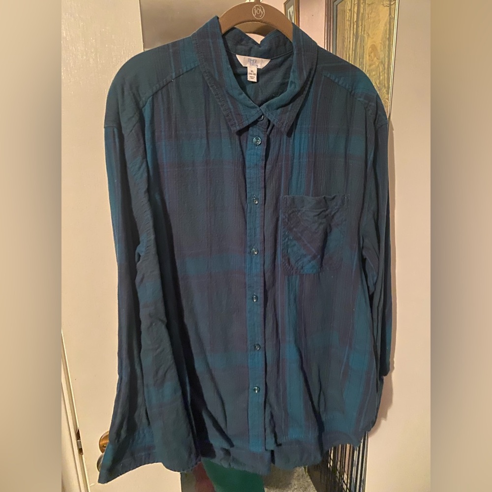 Time and Tru Women's Teal Plaid Blouse